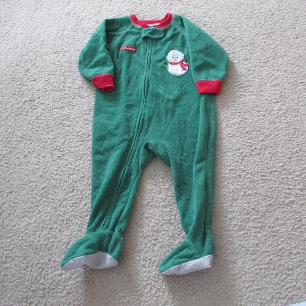 Carters Just One Year Zip Up Footed Christmas Sleeper‎ Boys 12M Green Snowman